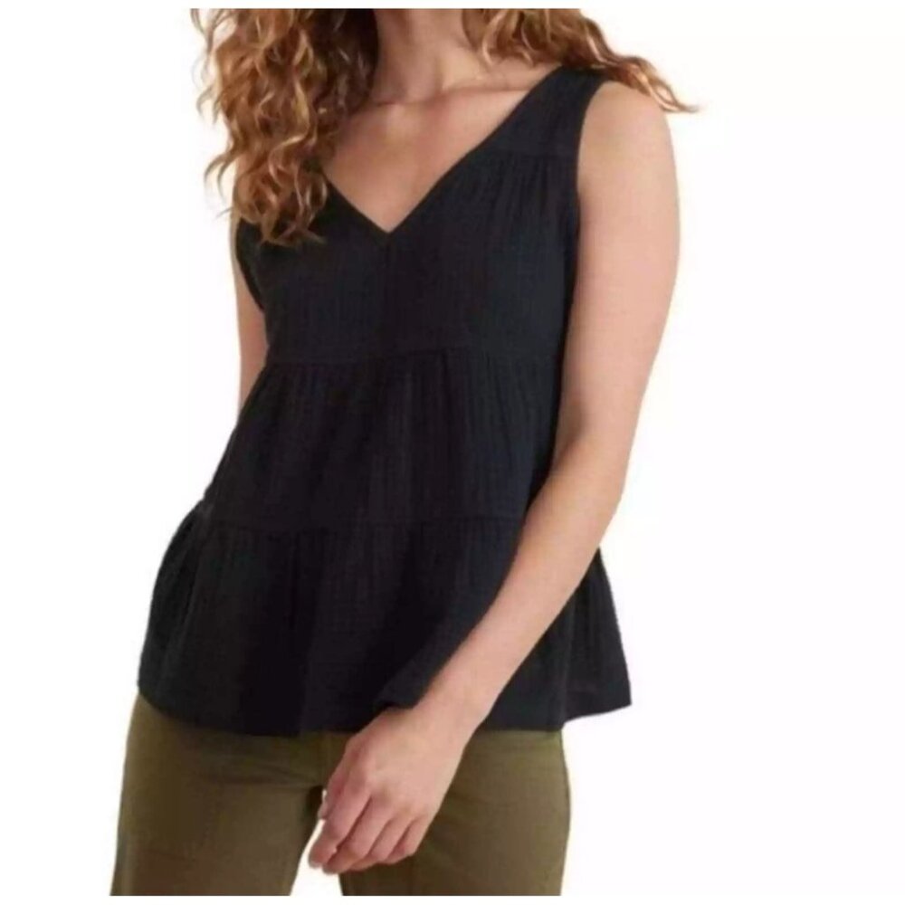 Marine Layer Corinne Black Sleeveless Tiered‎ V-Neck Tank Top 100% Cotton small